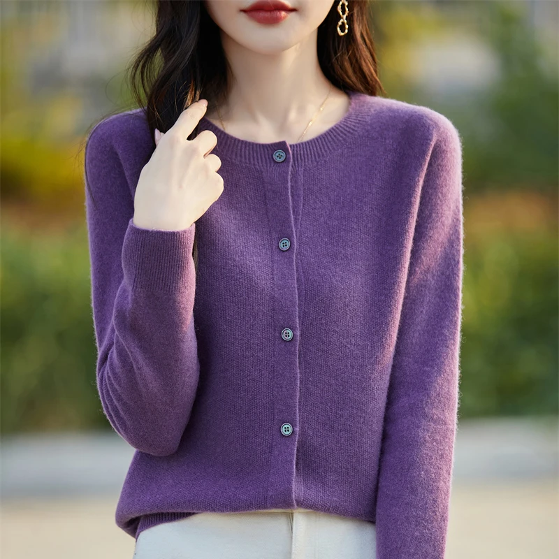 2024 Autunno Inverno lavorato a maglia girocollo cardigan maglione di lana da donna 100% lana versione coreana giacca allentata in cashmere