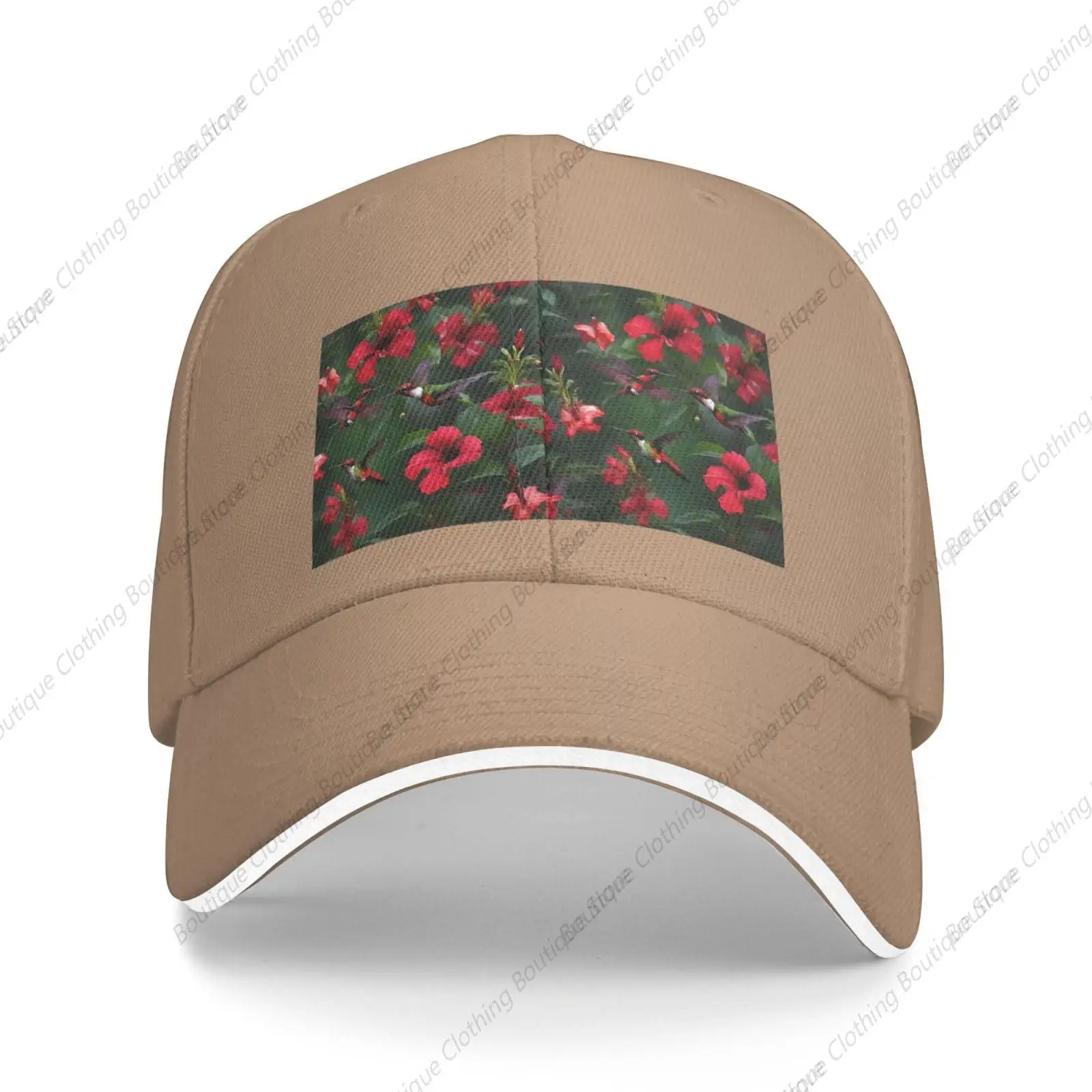 Hummingbirds Red Flower Hibiscus Print Sandwich Baseball Cap, Classic Baseball Cap, Adjustable Fashion Outdoor Cap