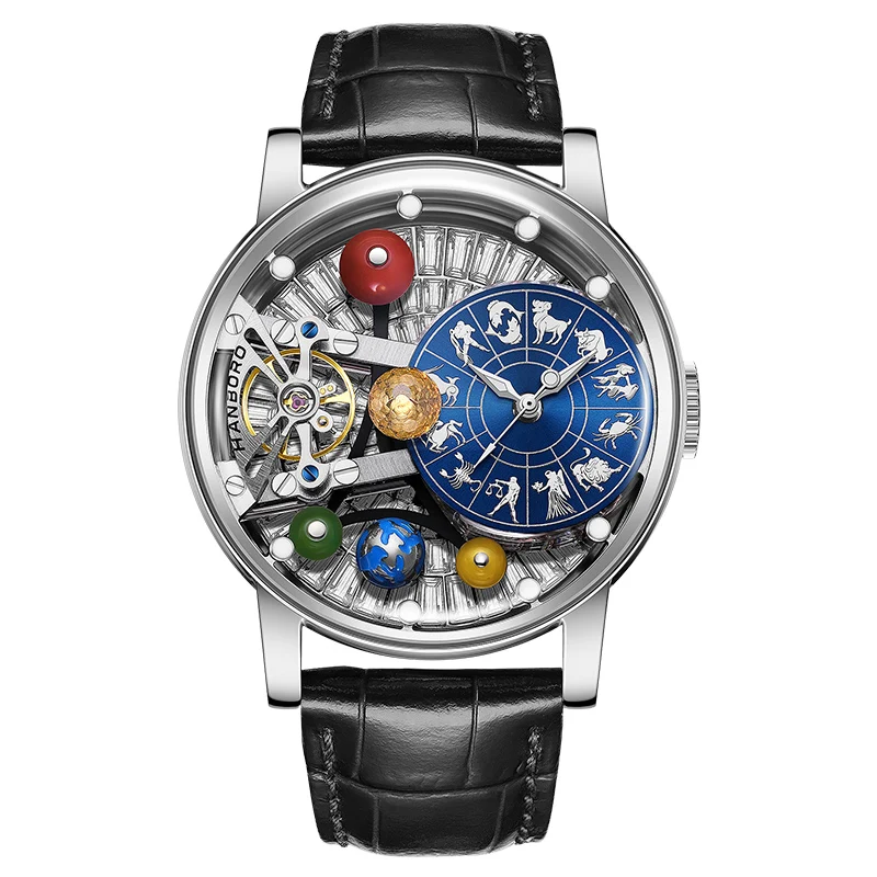 HANBORO Men Automatic Watch 43.5mm Mechanical Wristwatch 5ATM Rotatable Backgroud Luminous Constellation Dial Floating Globe