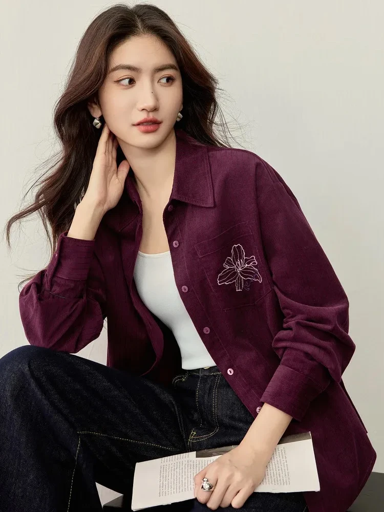 SENTUBILA القطن سروال قصير قميص للنساء 2025 الخريف عادية زهرة مطرزة كم طويل قمصان السيدات قمة حمراء 153C80507 #4