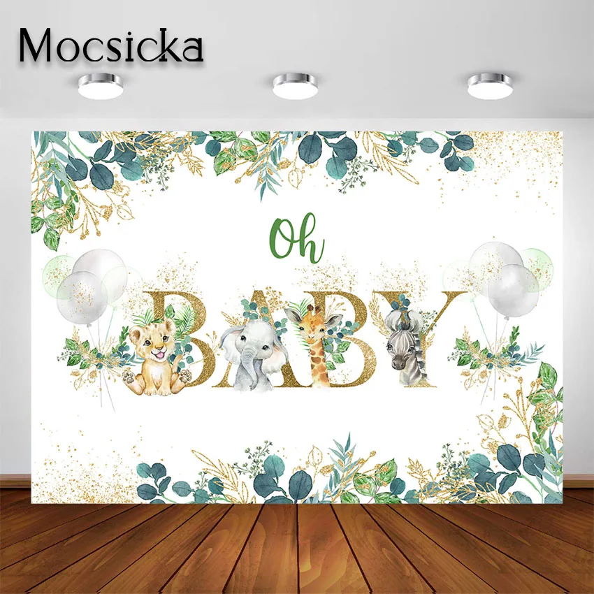 Mocsicka Oh Baby Backdrop Safari Party Decoration Gold Green Jungle Animals Baby Shower Birthday Party Photoshoot Background