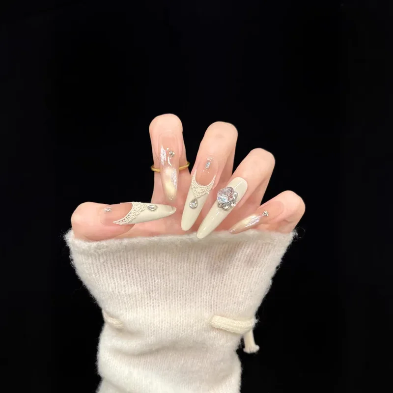 French Lace Big Rhinestone Press On Nails,Luxury Wedding Long Stiletto False Nails,Removable Reusable Trendy Popular Manicure Na