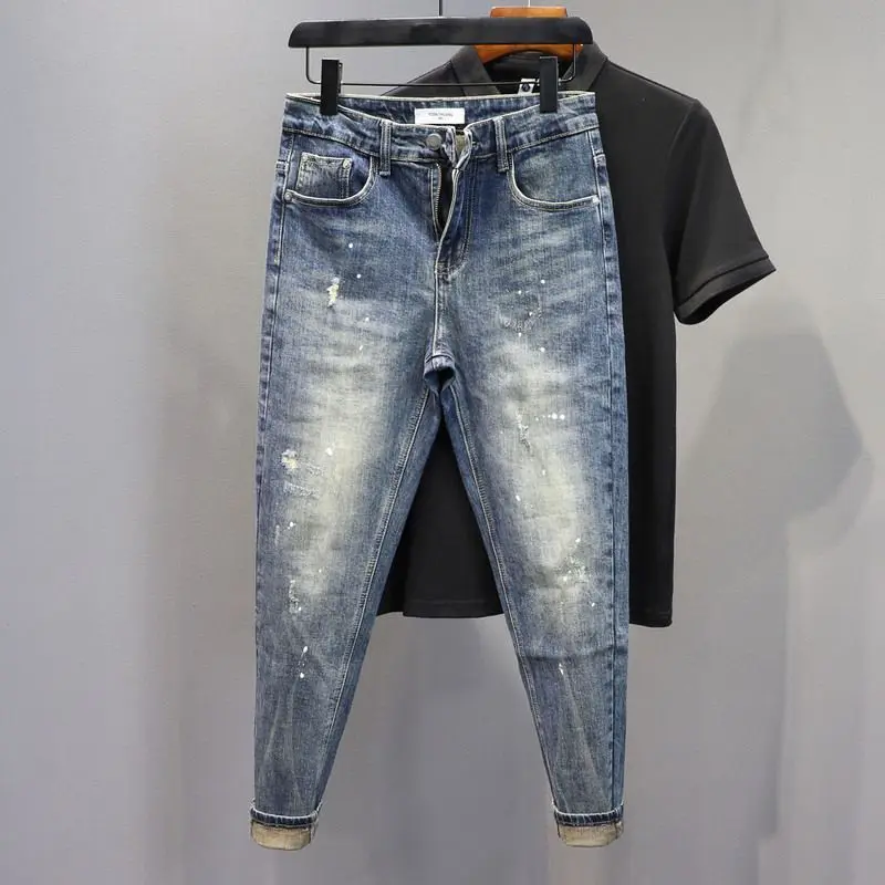 High Street Harajuku Korean Luxury Clothing Men\'s Casual Denim Pencil Pants Spring and Autumn Washed Jeans Cowboy Pants for Men