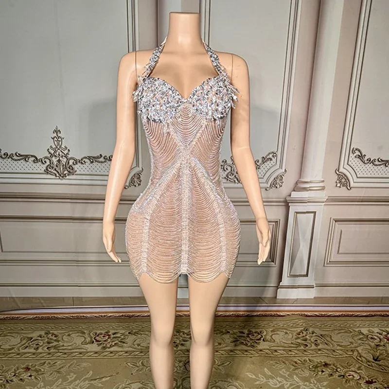 Rhinestones Evening Dresses Party Festival Outfit Red Silver Singer Gogo Costumes Stage Performance Clothes