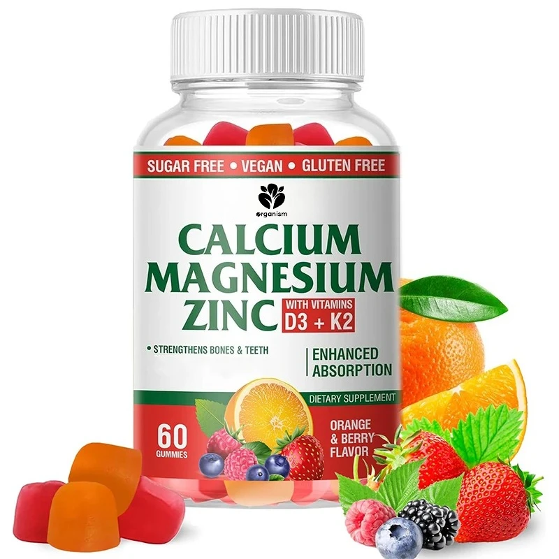 

Calcium magnesium zinc gummies contain vitamin D3 and K2- highly efficient absorption - orange and berry flavors, 60 pieces