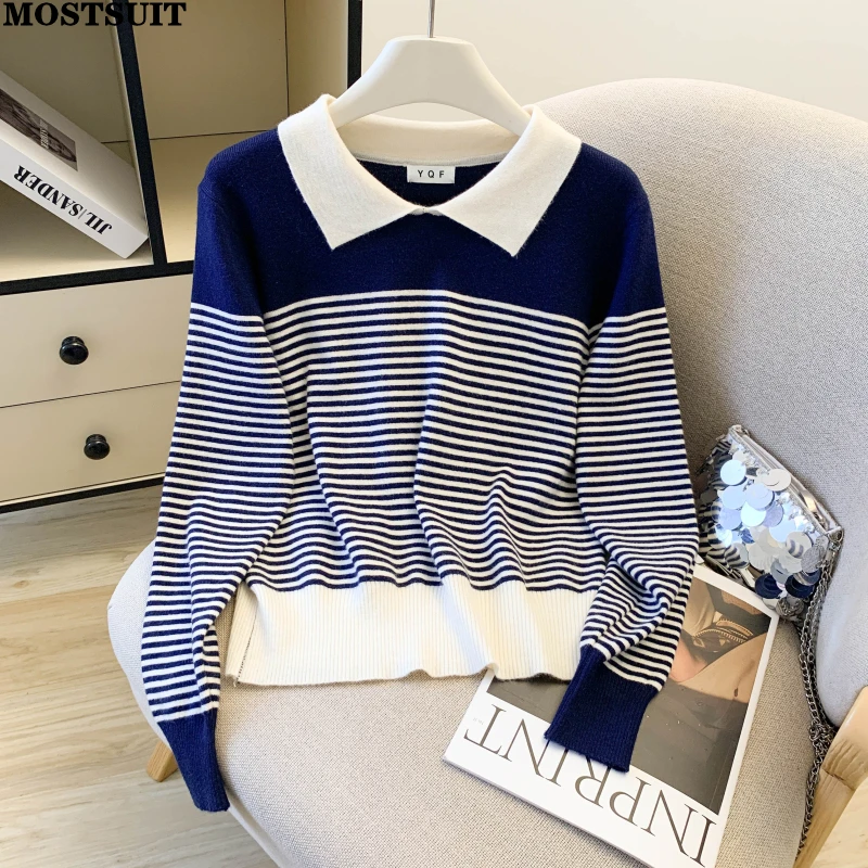 

2026 Spring Striped Knit Sweater Knitwear Women Long Sleeve Stylish Chic Pullover Tops Fashion Workwear Ladies Jumpers