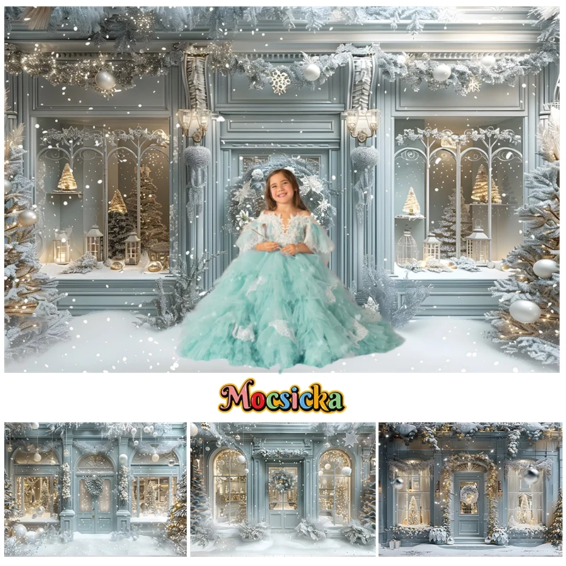 

Mocsicka Winter Christmas Shop Background Photography Snow Snowflake Xmas Tree Decor Child Adult Family Portrait Photo Backdrop