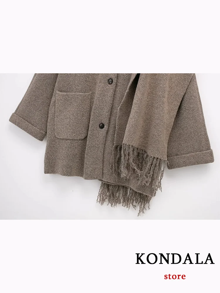 KONDALA Casual Vintage Chic Women Overcoat Solid Scarf Collar Pockets Single Breasted Loose Coat Fashion 2024 Autumn Winter Coat