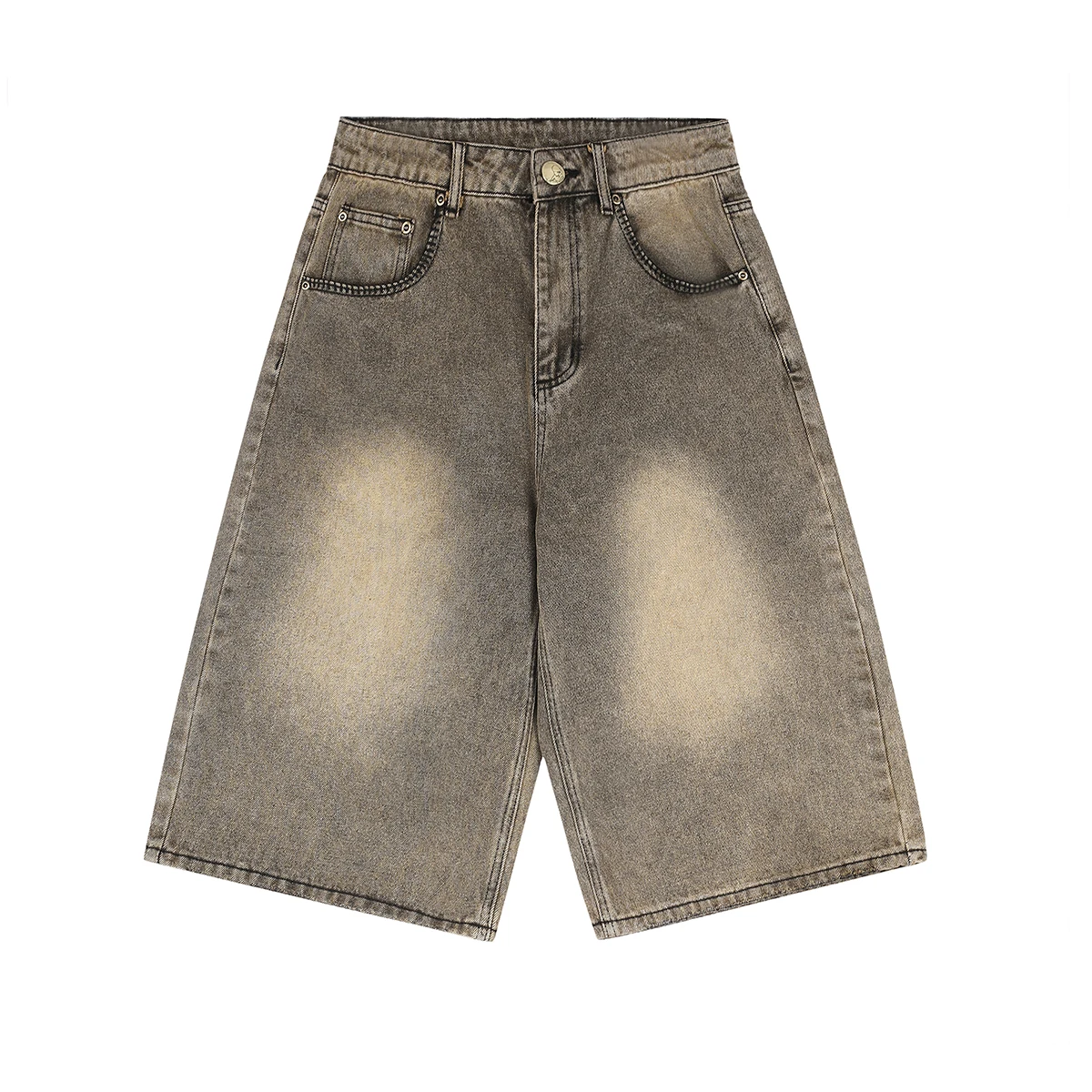 Masked Goddess Embroidered Flowered Jens Shorts for Men and Women High Street Washed Baggy Casual Five Point Denim Pants