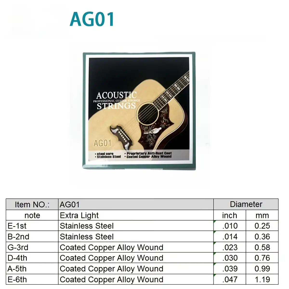 Acoustic Guitar Strings Quality 6 String Set Extra Light 10-47 Gauge Premium Coated Copper Alloy Long Lasting and Rich Tone