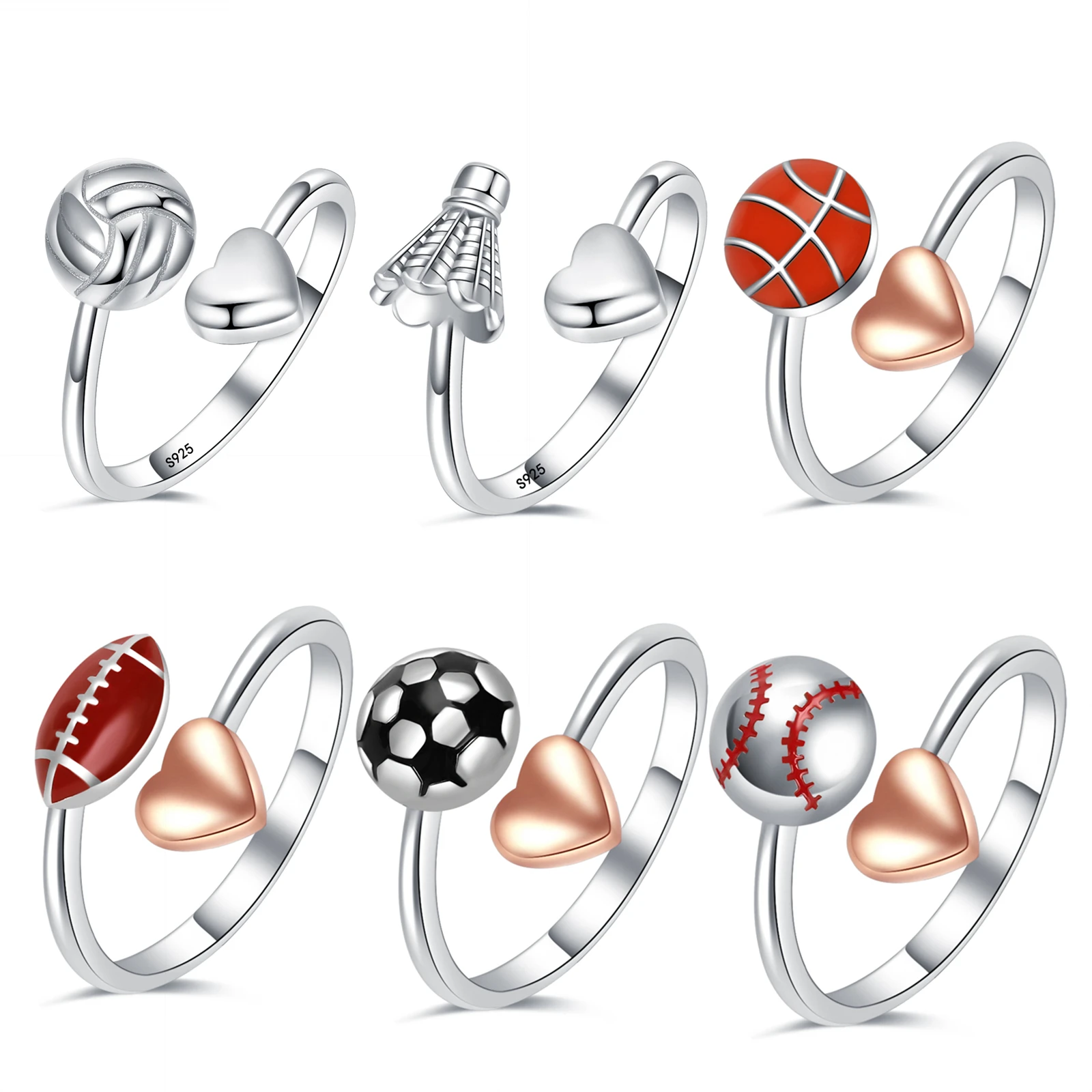 Anillos Abiertos de Plata de Ley 925 con Forma de Esferas de Esmalte con Corazón y Amor, Ajustables, Símbolo para Amantes de los Deportes, Baloncesto, Voleibol, Bádminton, Rugby