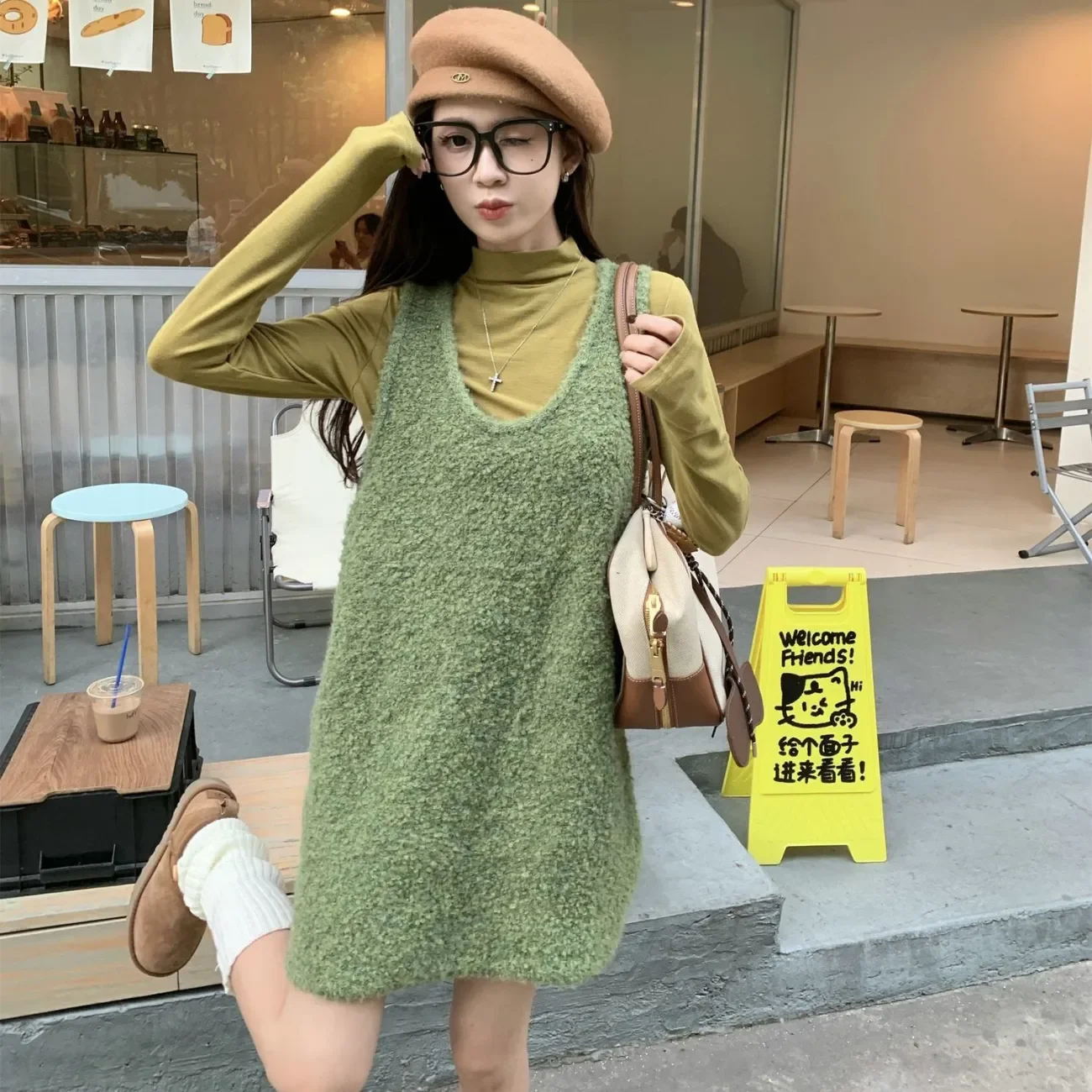 

Милое корейское шикарное зеленое вязаное платье-жилет, женский весенне-осенний новый топ с длинными рукавами, нежный костюм-двойка