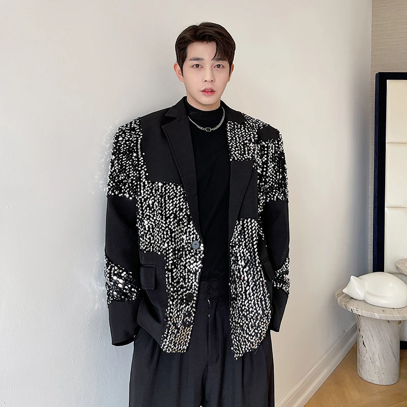 

Stylish Small Suit Men's Singer Nightclub Stage Performance Clothes Sparkling Beads Color Collision Handsome Handsome Long Sl...