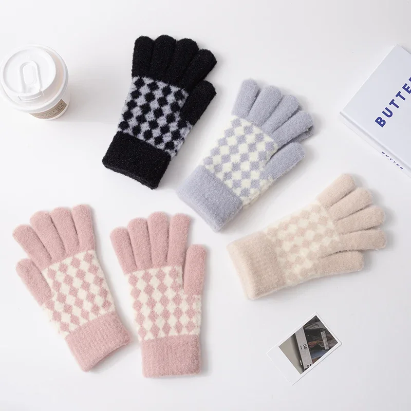 

Women's Grid Pattern Knit Touchscreen Winter Gloves Warm Thermal Soft Cozy Rabbit Fur Elastic Female Gloves Outdoor Accessory