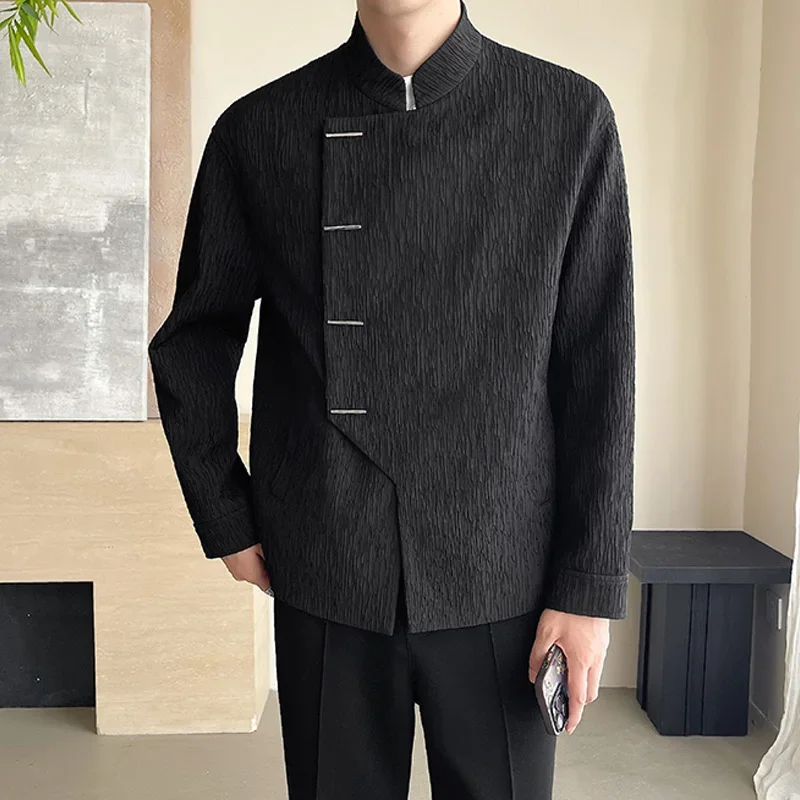 2024 Autumn Men Chinese Style Loose Casual Vintage Stand Collar Button Jacket  Streetwear Fashion Show Coat Outerwear