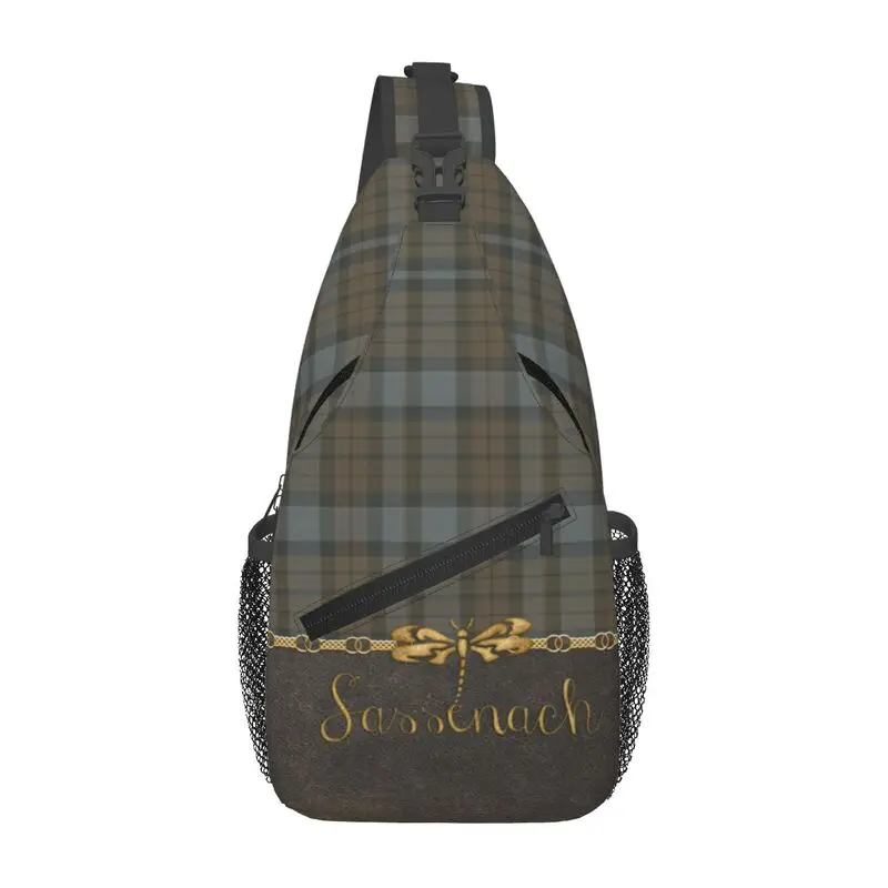 Custom Leather Tartan Sassenach Dragonfly Sling Crossbody Backpack  Modern Plaid Check Texture Shoulder Chest Bag for Traveling