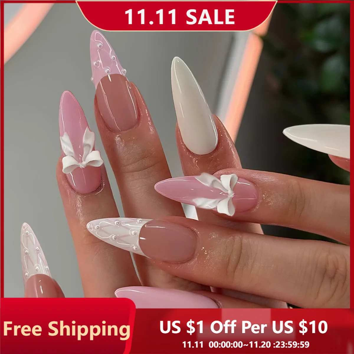 

24Pcs Press on Nails Strawberry Milk Cap French Pink Pearl Bow Full Coverage Nail for Women&Girl Removable Wearable False Nail