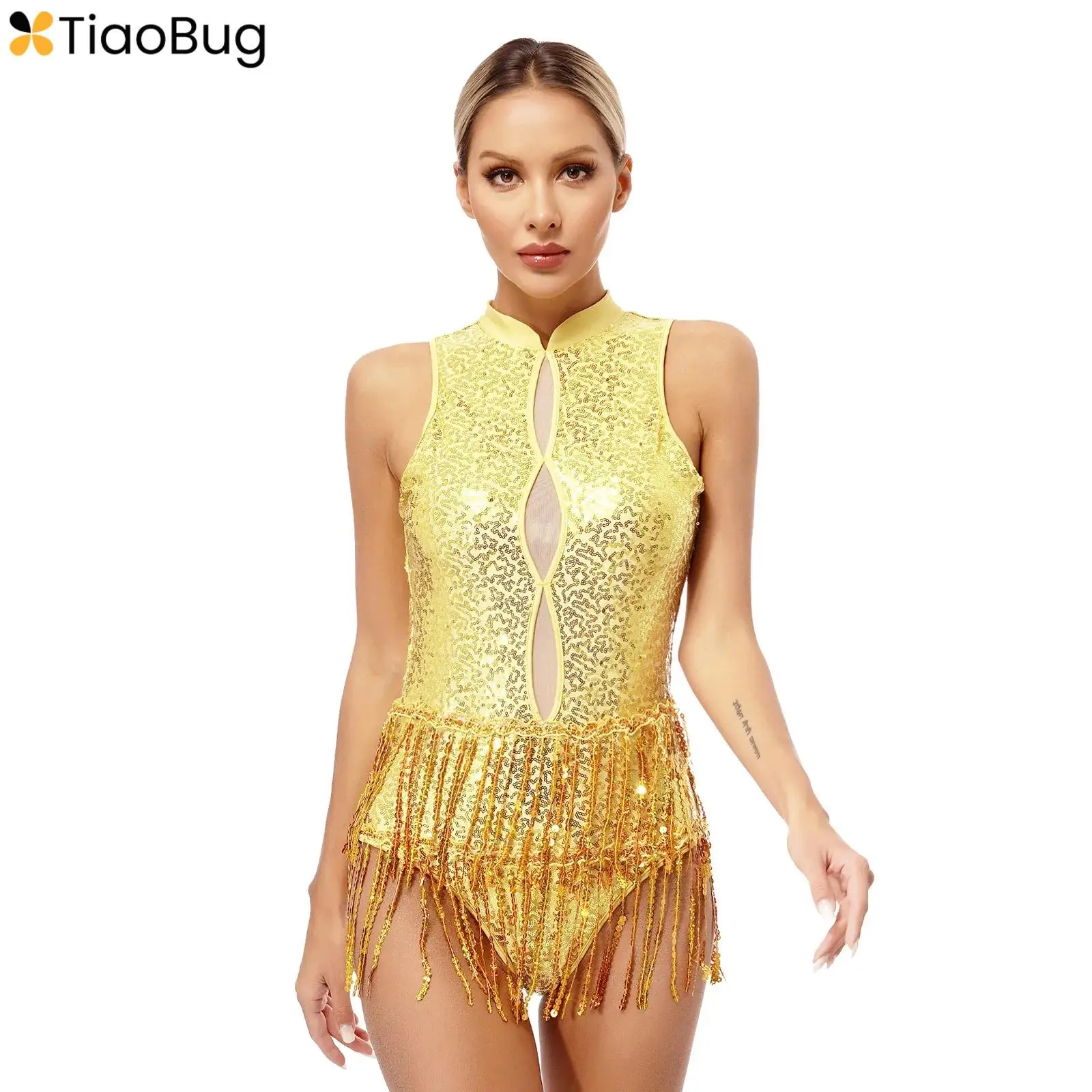 

Tassel Latin Dance Leotard Dress for Women Sleeveless Shiny Sequins Fringed Skirted Bodysuit Samba Tango Cha-cha Dance Costumes