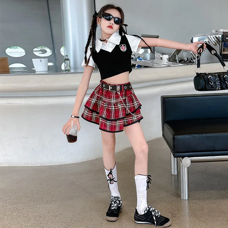 1pc 2024 new summer street American children set teenager Girls Clothes blouse shirt or checked JK pleated Skirt 4 8 10 12 Year