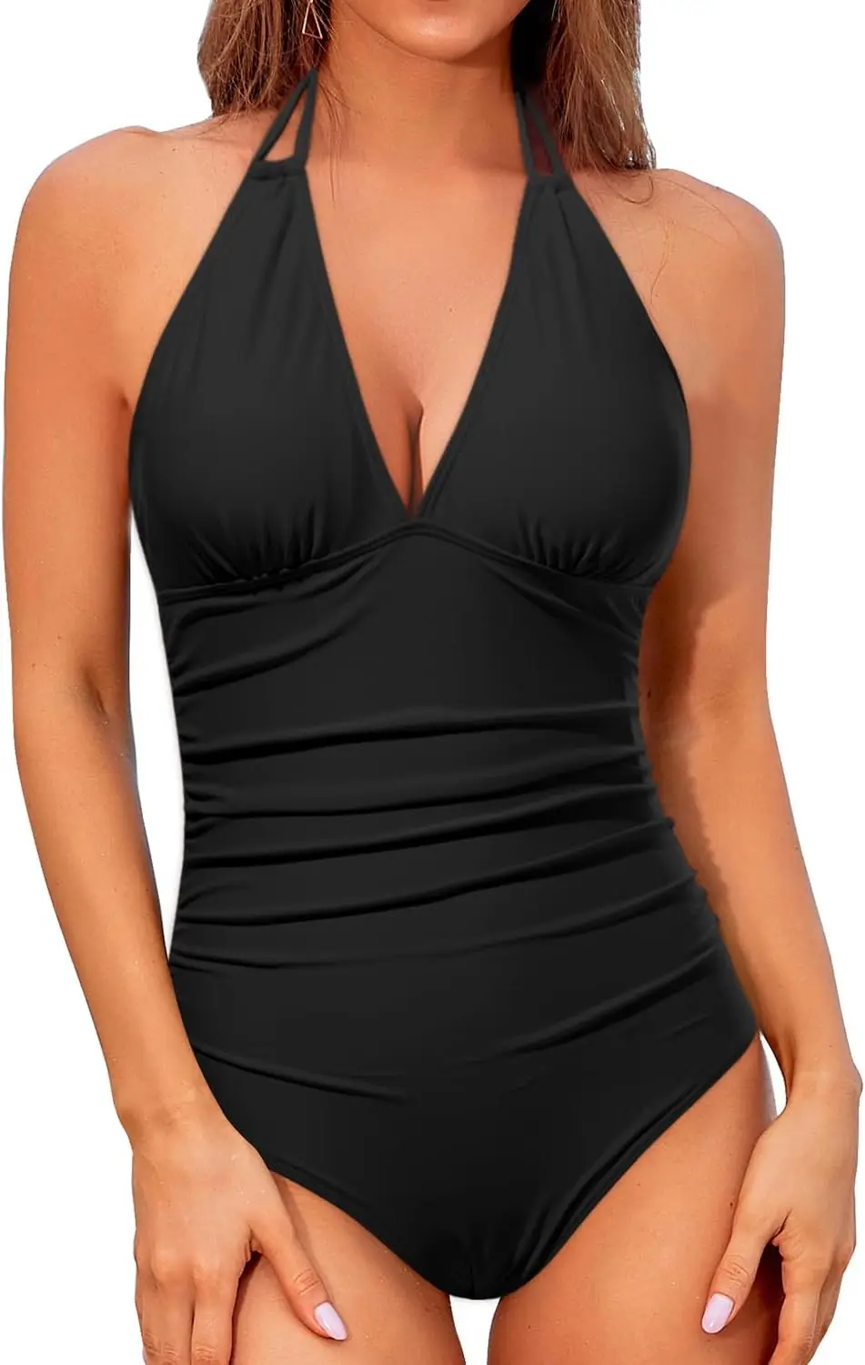 

Luxy Trio Women One Piece Swimsuit Tummy Control Halter Bathing Suit Sexy Plunge V Neck Swimwear