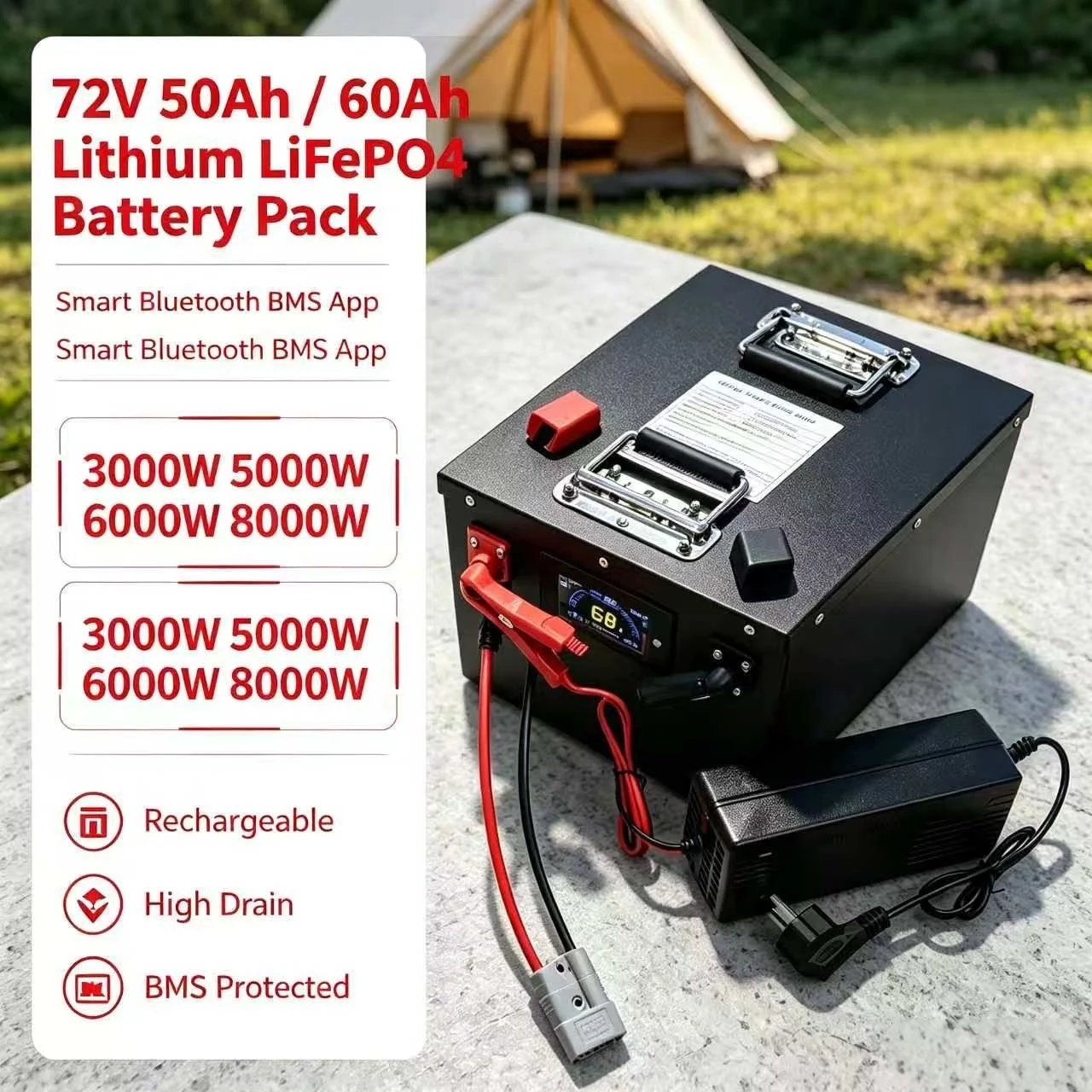 72V 50Ah 50A 60Ah 60 Ah 60A lithium lifepo4 rechargeable battery pack with smart Bluetooth BMS App 3000W 5000W 6000W 8000W