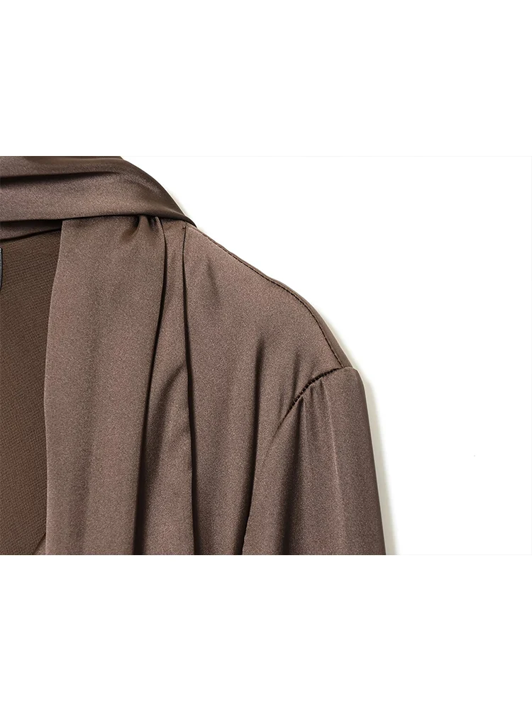 Novo vestido de festa feminino com gola cachecol sólido decote em v alargamento manga longa mini vestido verão cetim elegante chique vestido de moda feminina