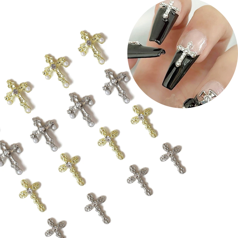 10Pcs Gold/Silver Cross Nail Charms 3D Metal Punk Retro Pearl Diamond Cross Nail Art Decorations Kawaii DIY Manicure Accessories