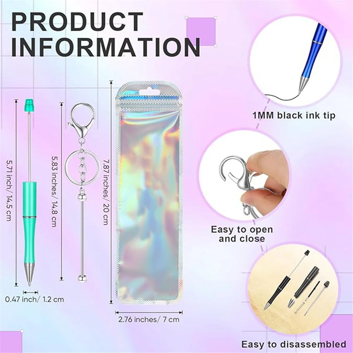 !Buy Now Beadable Pens Kit Black Ink Beadable Pens Beadable Keychain Bar Resealable Pouch Bag for School Thank Office Wedding C