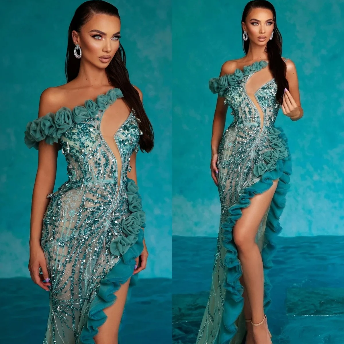 

Exquisite One Shoulder Evening Dresses Sequins Prom Dress Puff Flowers Split Customized Mermaid Party Gowns Vestidos De Noche