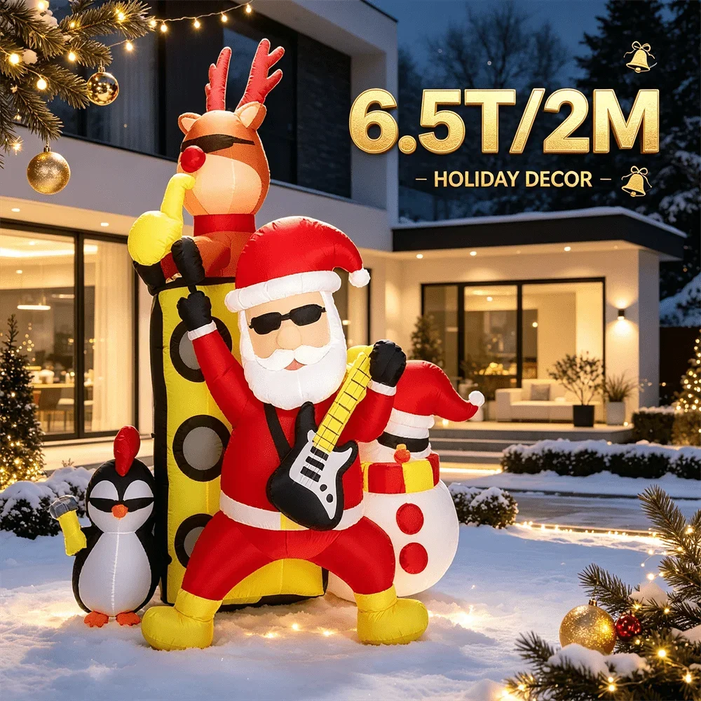 6.5FT/2M Rock Band Santa Inflatable Model Toy Build-in LED Light Blow Up Outdoor Christmas Yard Ornament