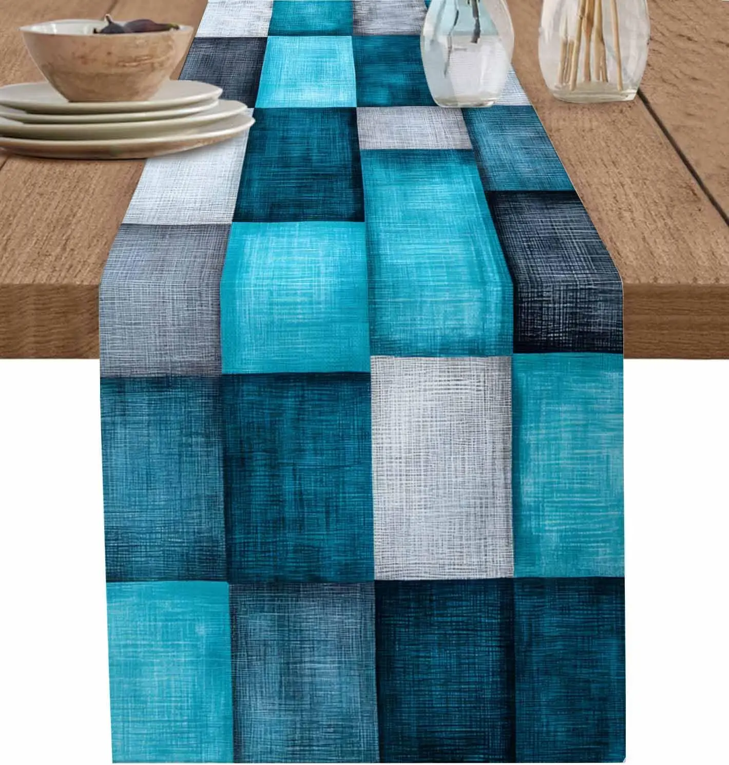 Blue Grey Linen Table Runner Dresser Scarf Table Decor Abstract Art Texture Kitchen Dining Table Runners for Holiday Party Decor