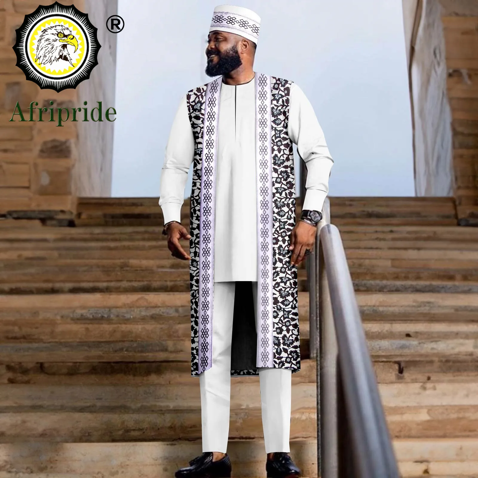 

African Suits for Men Embroidery Jacket Shirts Pants and Tribal Hat Set Dashiki Outfits Traditional Attire for Wedding 2416028