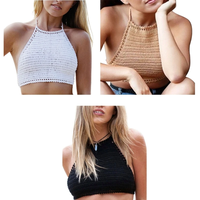 

Women Boho Crochet Halter Bra Sexy Hollow Out Knitted Backless Camisole Off Shoulder Crop for Tank Top Beach Bral