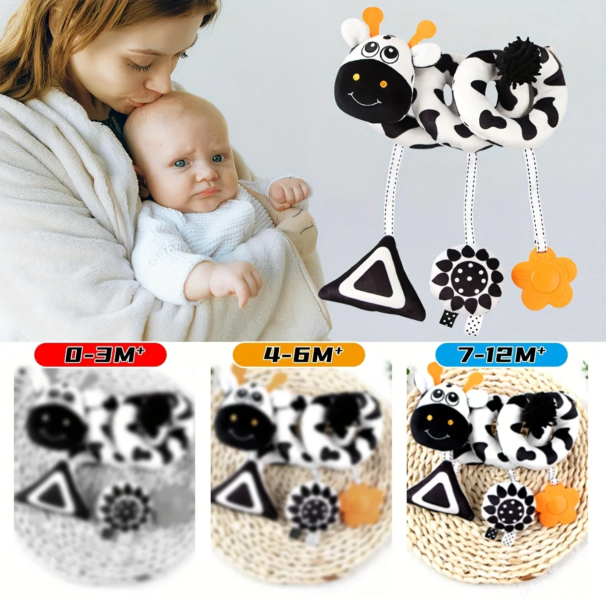 Lettino per bambini con stimolazione visiva degli animali in bianco e nero che avvolge l'auto, giocattolo sensoriale dei cartoni animati di animali, peluche a spirale