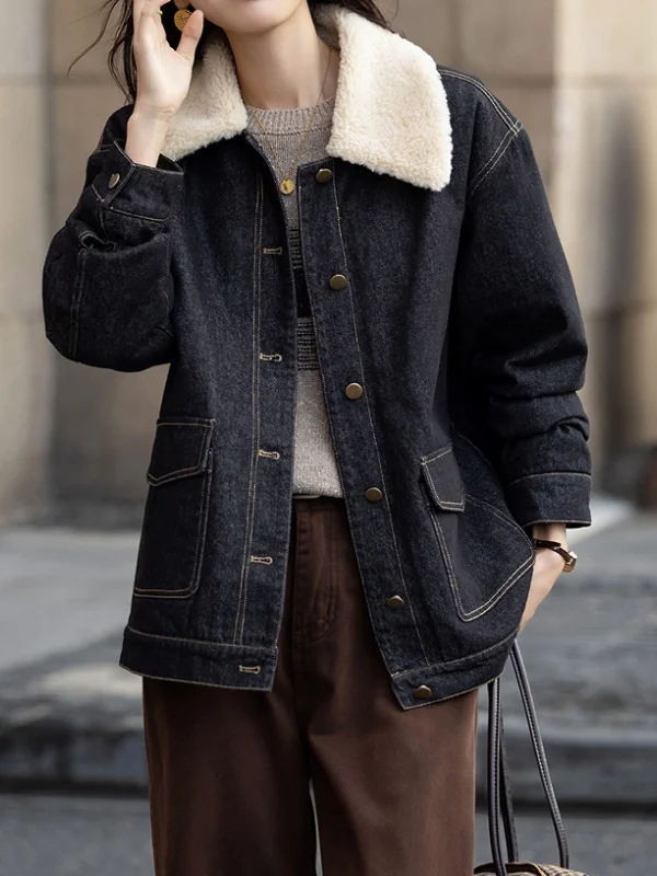 

Winter Women's Cotton Jaet Quilted Denim Fluffy Casual ort Patchwork Warm Cotton Coat Korean Sle Loose Fit Long Sve