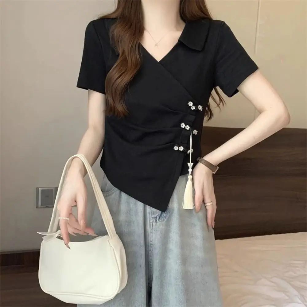 شرابة قلادة غير النظامية تي شيرت برقبة على شكل v زهرة زر التلبيب المرأة سليم المحاصيل القمم النمط الصيني الإناث الصيف القمم #2