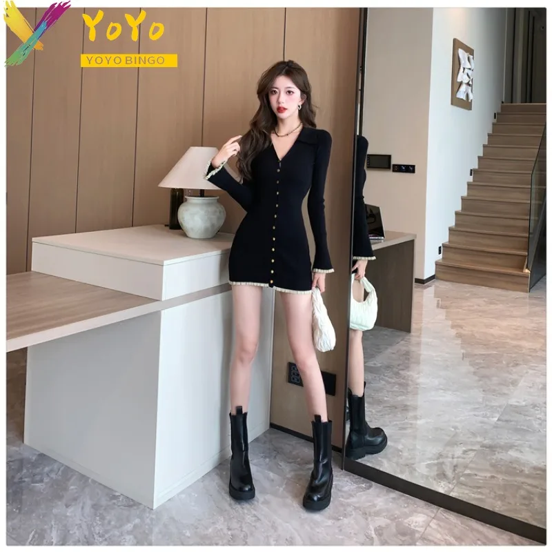 2024 Autumn/Winter Formal Fashion Black Knitted Flared Sleeve V-neck Dress Elegant Elastic Soft Slim Fit Party Sweater Dress