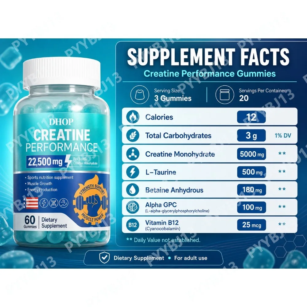 DHOP Creatine Monohydrate Gummies Sugar Free Muscle Support Supplement with Electrolytes Vitamin D3 Blueberry Flavour Chewable
