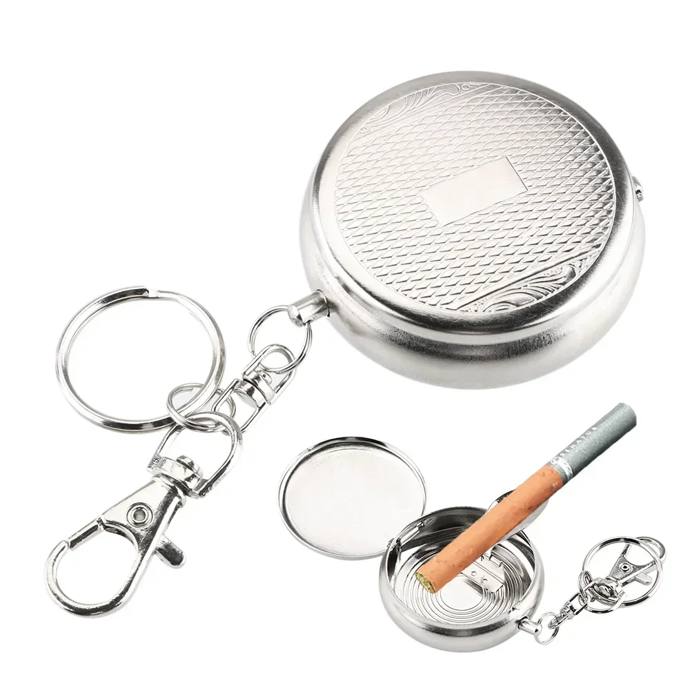 Portable car cigarette ashtray, random pattern, pocket ashtray with keychain, mini stainless steel