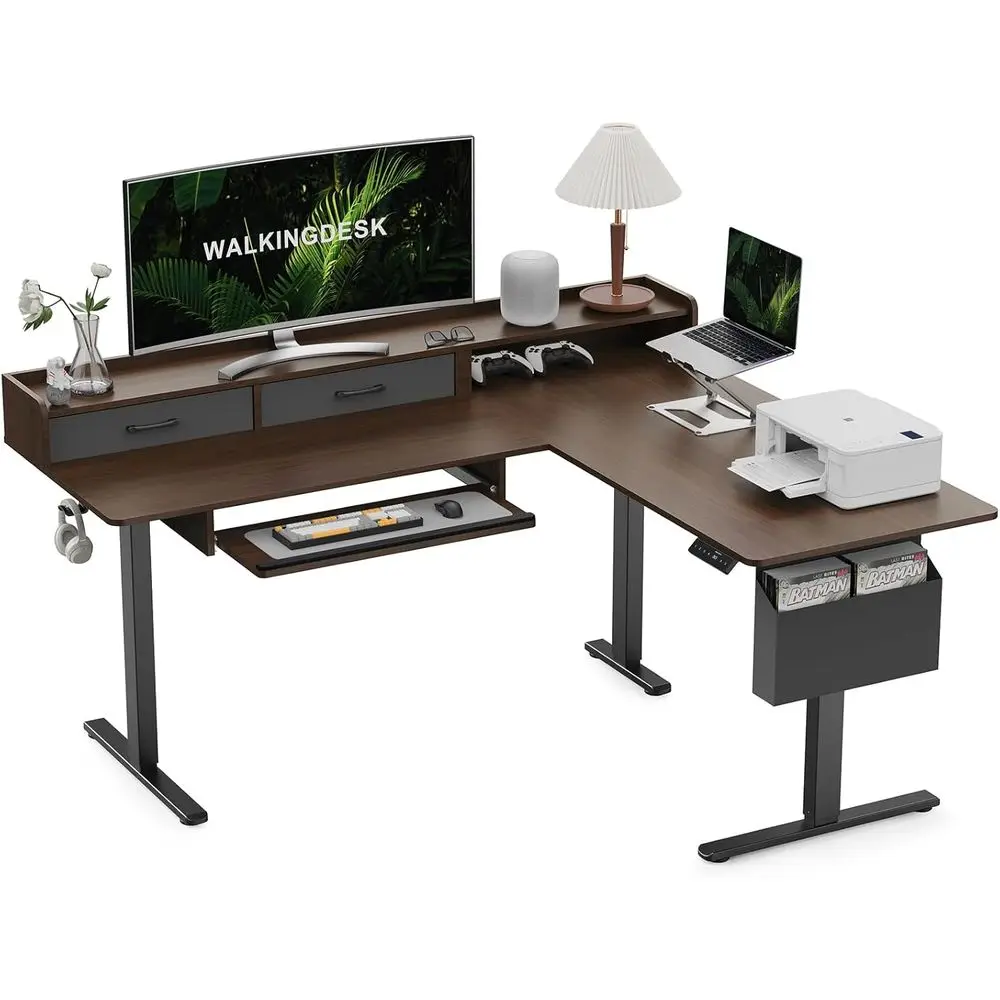 

Ergonomic Electric L-Shaped Sit-Stand Desk with 2 Drawers and Keyboard Tray, Black Walnut Finish