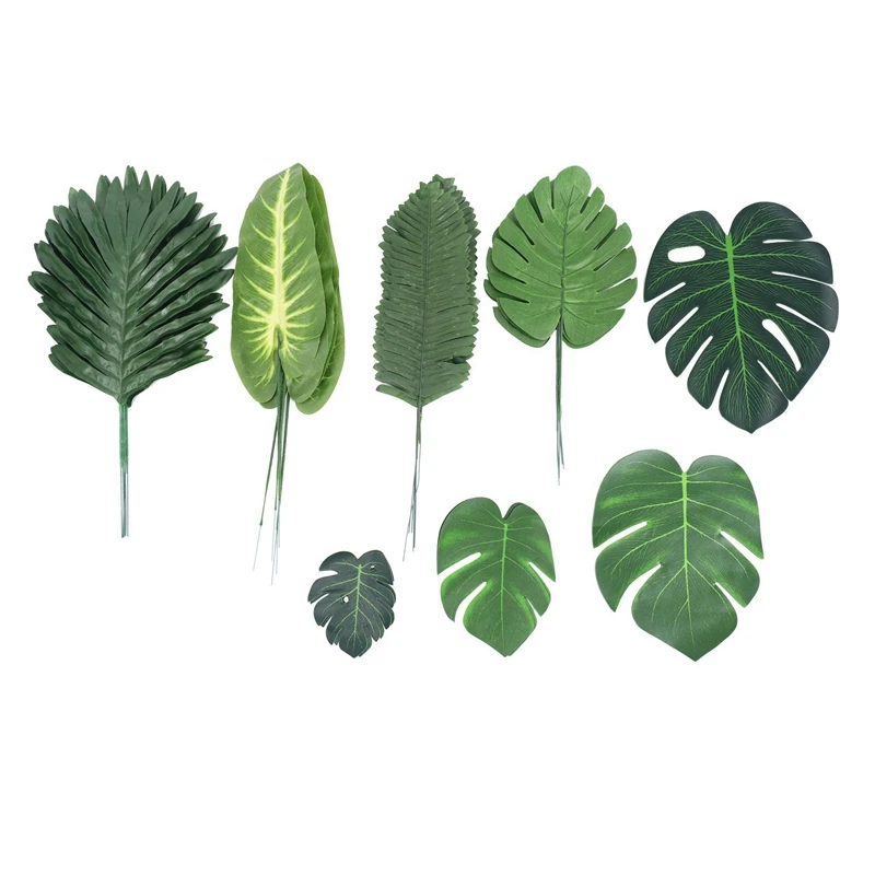 

272 Pieces 8 Kinds Tropical Party Decorations Jungle Monstera Leaves , Artificial Palm Leaves With Faux Stem