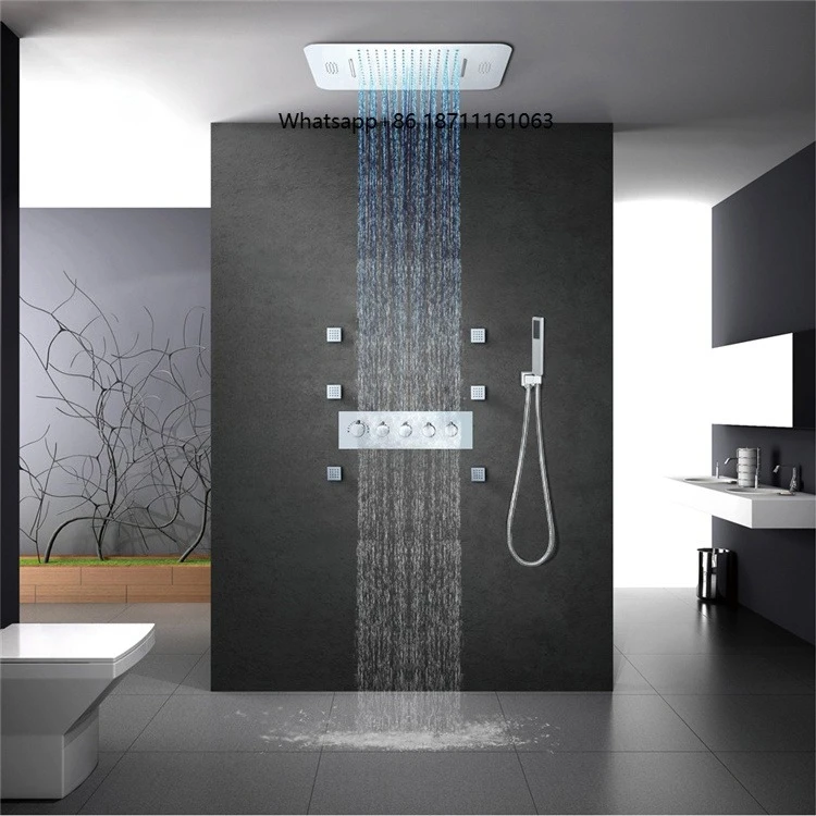 Ceiling 58*38cm LED Shower Head Brass Thermostatic Main Body Bathroom Chrome Rain and Waterfall Shower Faucet Set