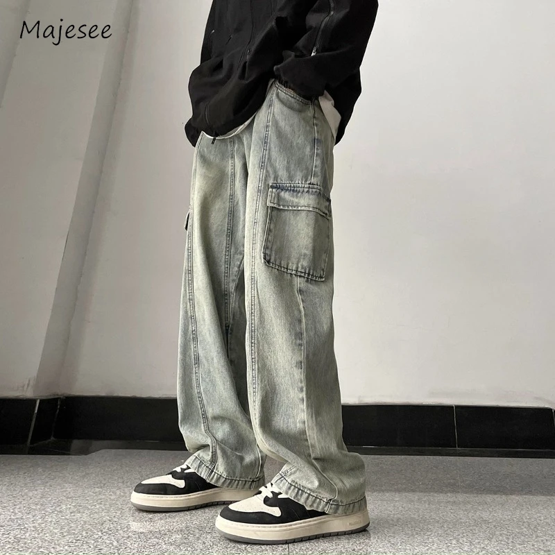 Y2k Wide Leg Jeans Men Summer Multiple Pockets Oversized Korean Style Loose Casual Vintage Cozy Streetwear Chic Hip Hop New