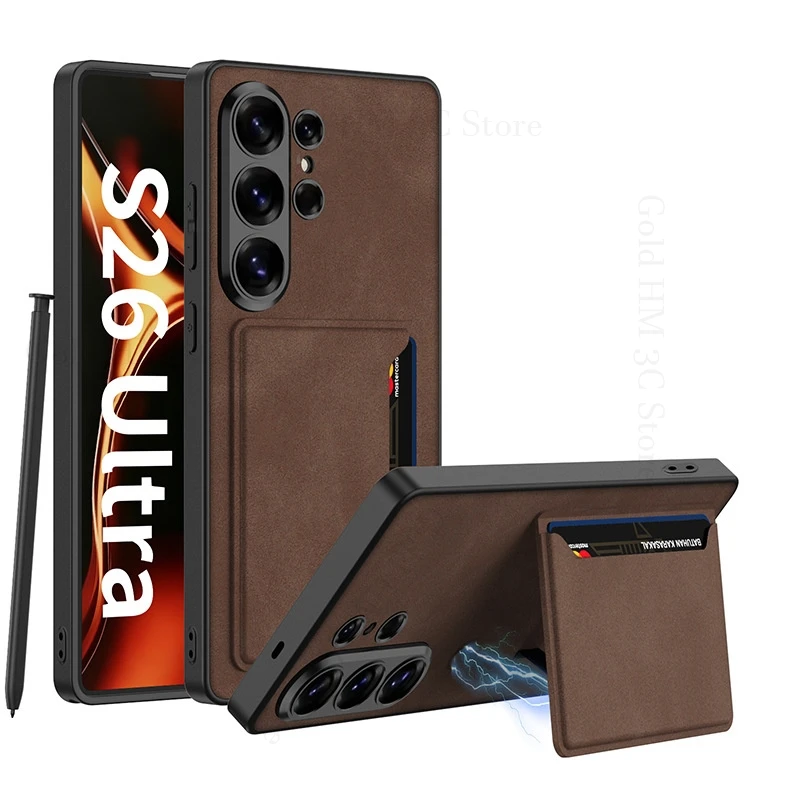 

For Samsung Galaxy S26 Ultra 5G Matte Leather Shockproof Phone Case For Samsung S26 Ultra ID Card Slot Magnetic Kickstand Cover