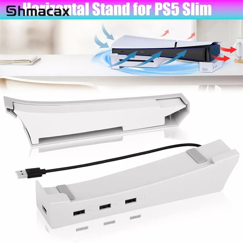 

For PS5 Slim Horizontal Holder With Hub Host Holder With 4 USB 2.0 Ports For Playstation 5 Slim Disc&Digital Edition