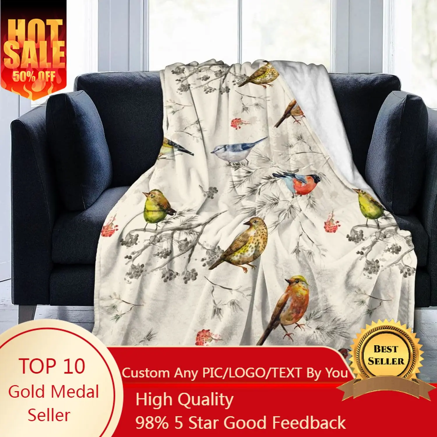 

Vintage Cute Bird Blanket Soft Lightweight Throw Blankets Cozy Flannel Bed Throws for Sofa Couch Travel Home Room Bedroom