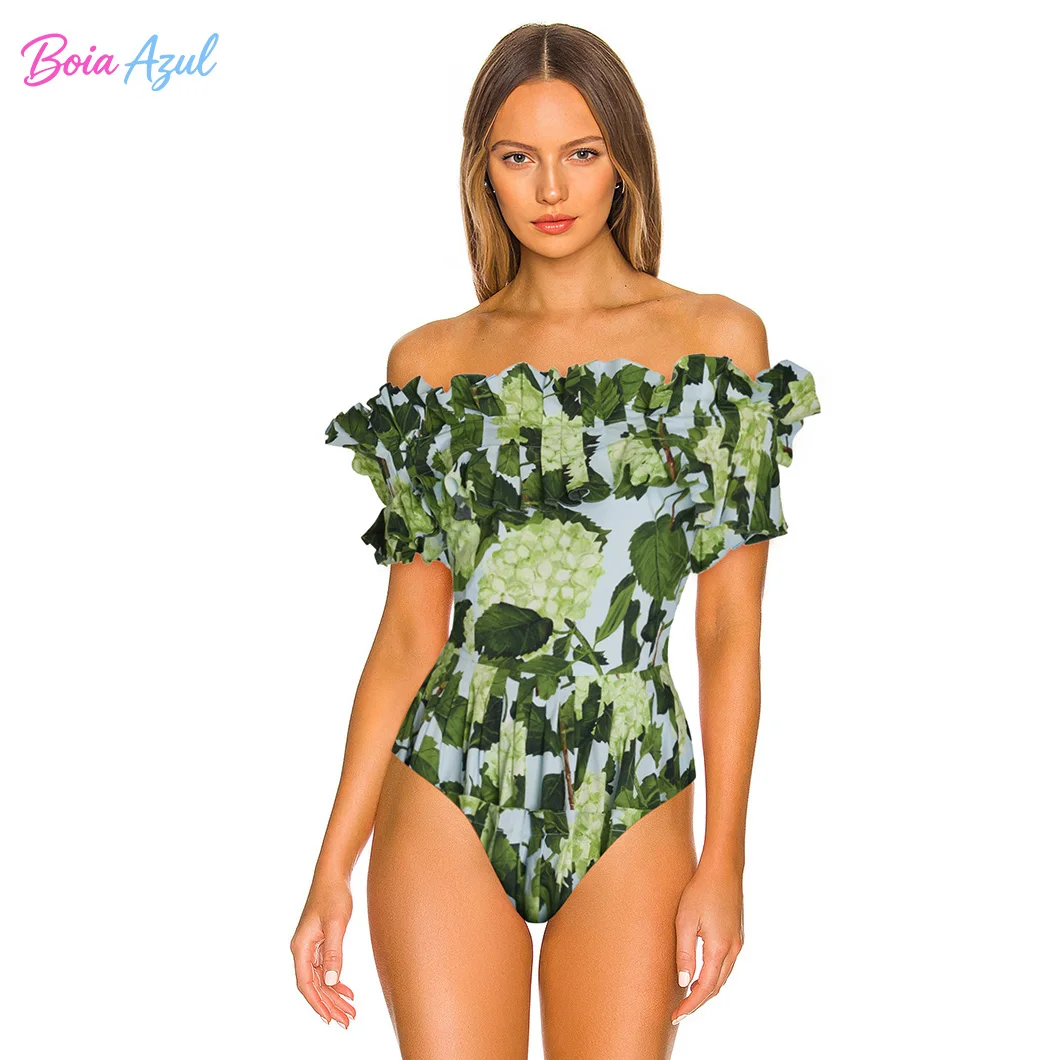 Boia Azul printed one-shoulder ruffled halter-neck one-piece swimsuit strapless figure-hugging long-sleeved swimsuit set