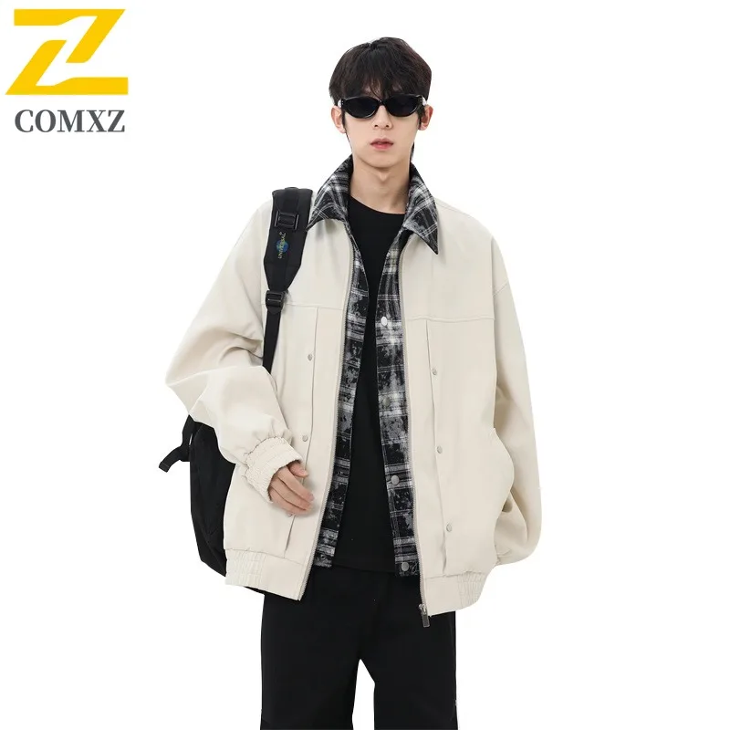 

COMXZ Men Jackets Autumn Classic Grid Splicing Traveling Jogger Tooling Jacket False Two-piece Streetwear Lightweight Outerwear