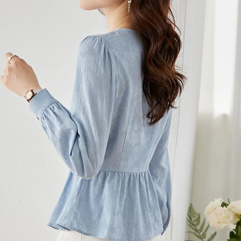 Spring Summer Clothes Vintage Crew Neck Patchwork Button Women Blouse Simplicity Solid Color Long Sleeve Waist Retraction Shirt