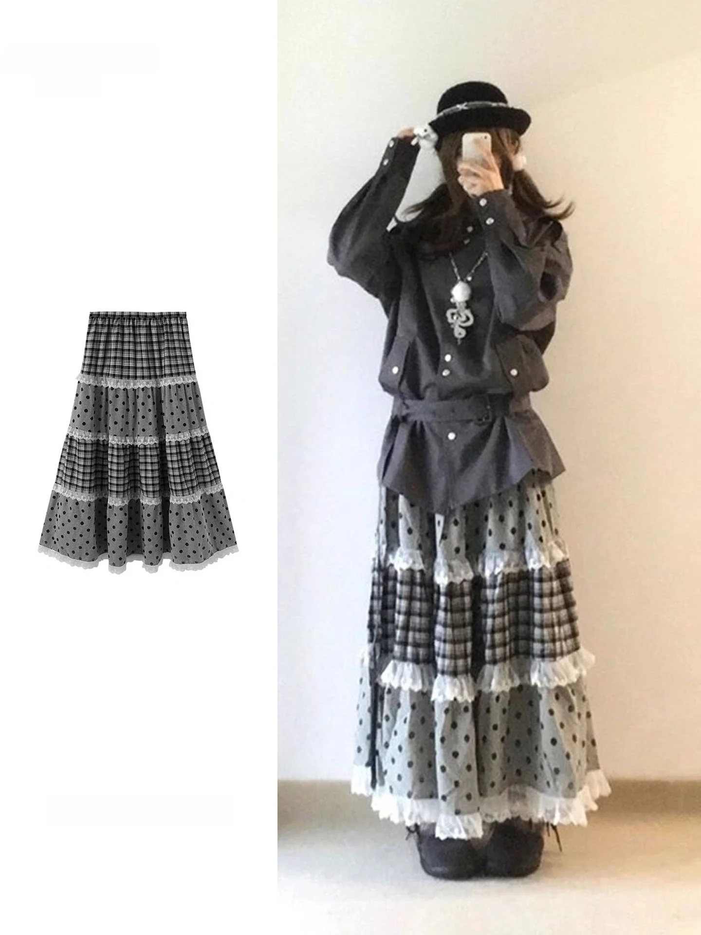 

Heavyweight Plaid Half Skirt for Women Autumn Winter Lace Trim Cake Long Skirt Four Seasons Wear High Waist A-Line Skirt